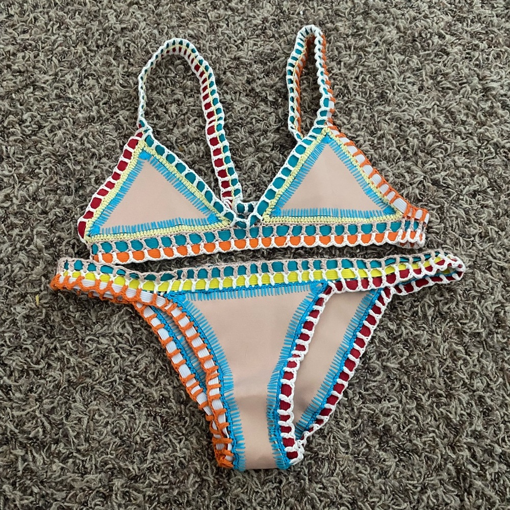 KIINI Nude Crochet-Trim Bikini with Multicolor Edging